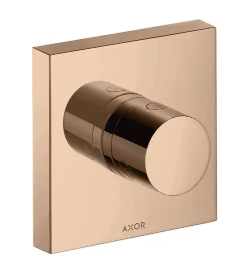 Produkt von AXOR: Rundes Ab- und Umstellventil auf quadratischer Unterputzplatte in polierter roter Goldoptik.